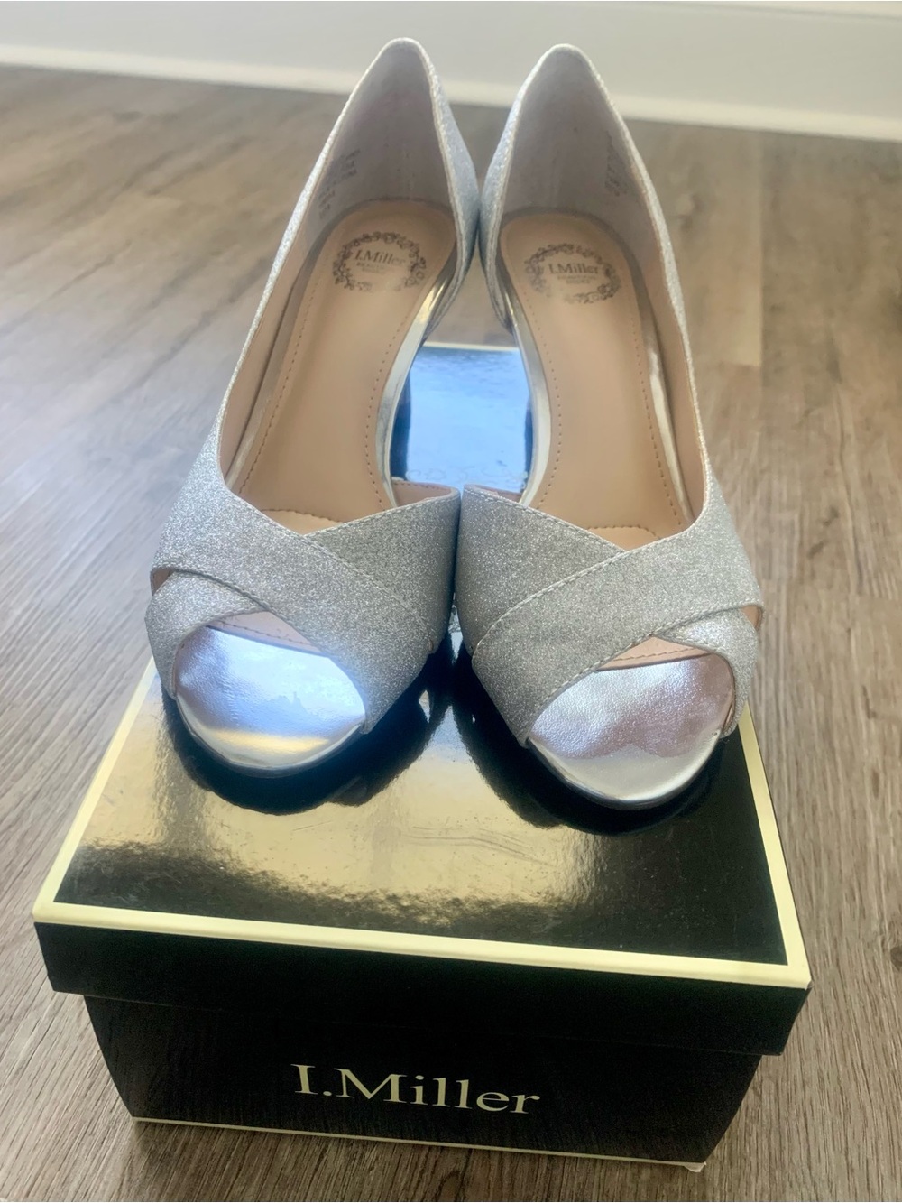 I. Miller Candra Women’s 5M 2 inch Heel Silver Glitter Slip-on Peep Toe Pumps